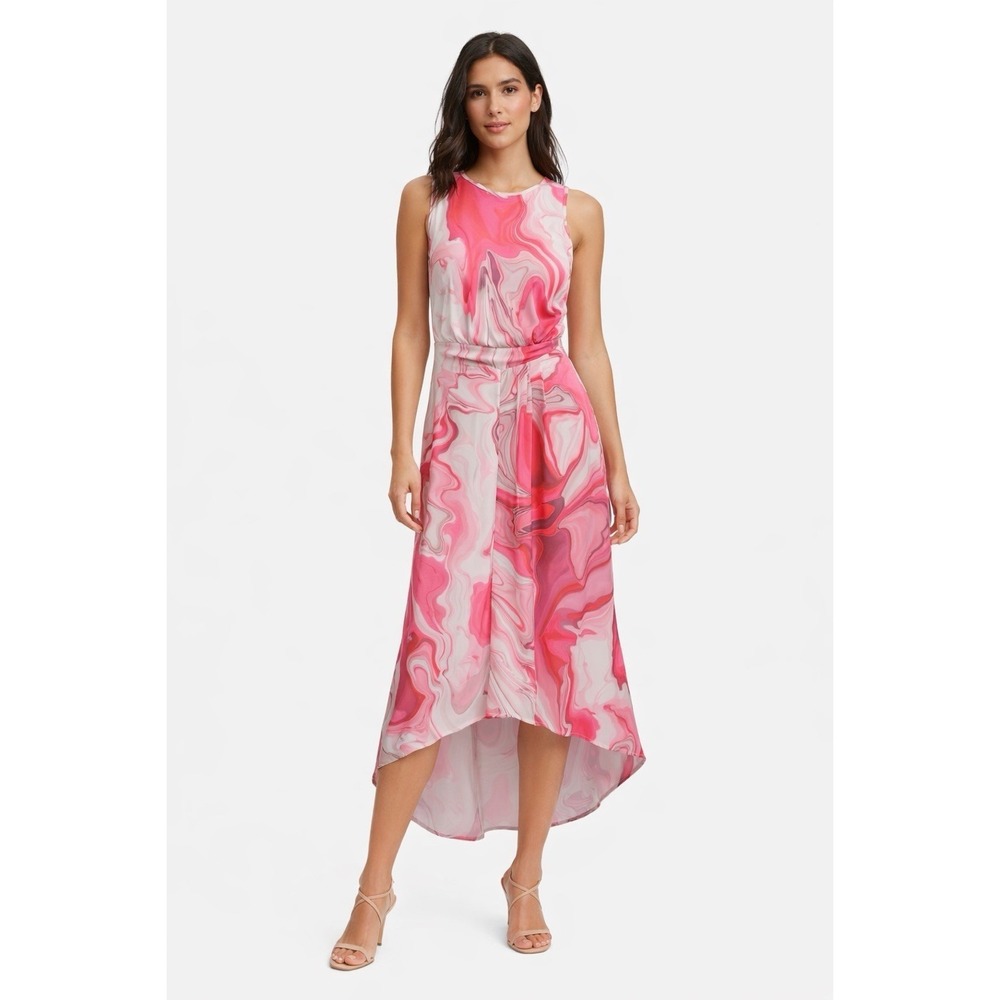DKNY Womens Dress Size 10 Pink Marble Print Midi Sleeveless Asymetric Hem NWT